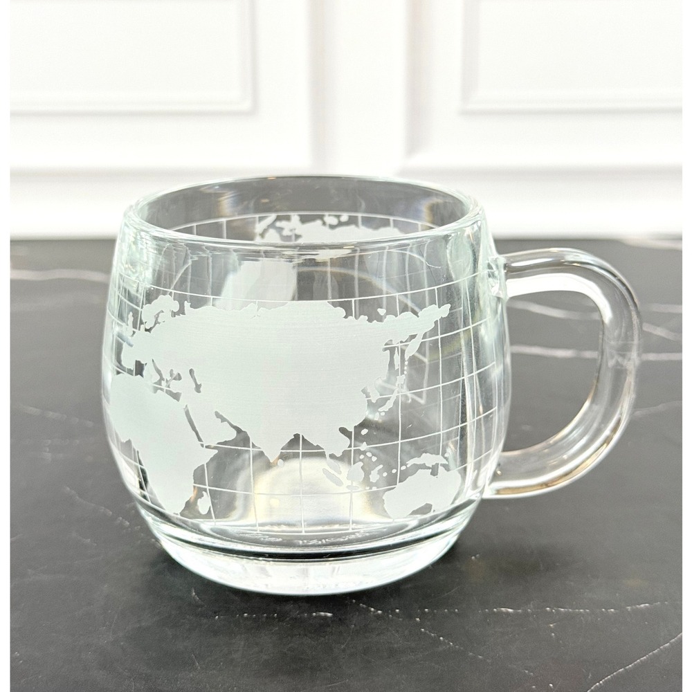 Vintage 1970s Nestle Nescafe' Etched Glass Globe World Mug with Handle MINT!